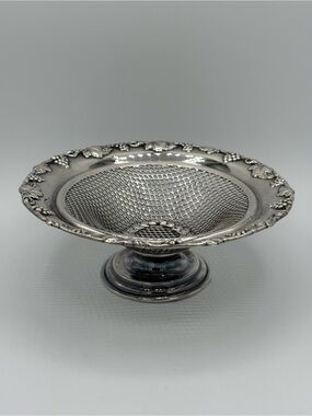 Vintage London Silverplate Pedestal Compote Grape Vine Mesh Basket